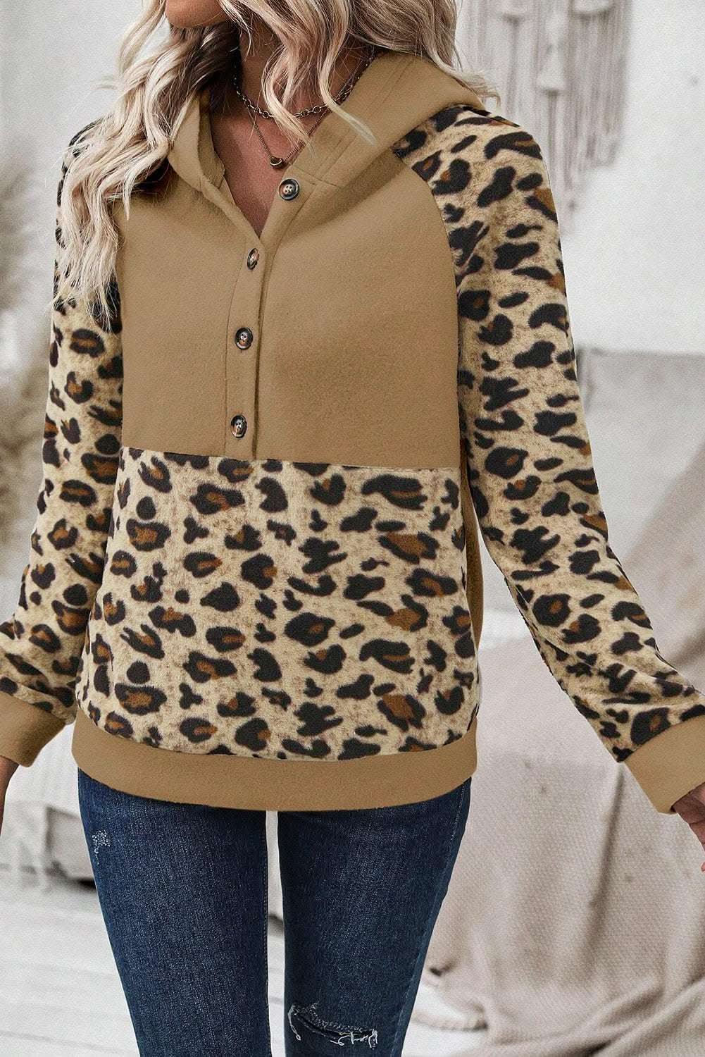 Light French Beige Leopard Print Patchwork Raglan Sleeve Half Buttons Hoodie - Love Salve